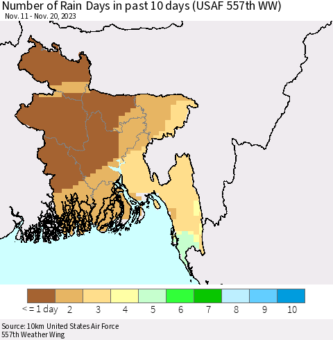 Bangladesh Number of Rain Days in past 10 days (USAF 557th WW) Thematic Map For 11/16/2023 - 11/20/2023