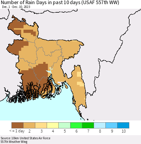 Bangladesh Number of Rain Days in past 10 days (USAF 557th WW) Thematic Map For 12/6/2023 - 12/10/2023