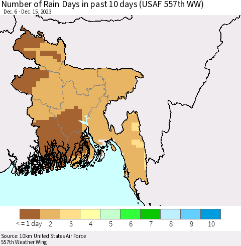 Bangladesh Number of Rain Days in past 10 days (USAF 557th WW) Thematic Map For 12/11/2023 - 12/15/2023
