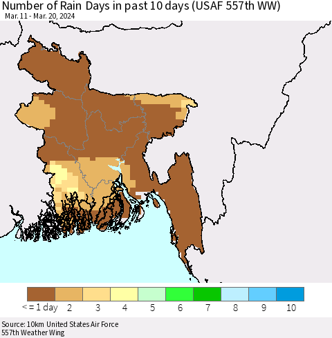 Bangladesh Number of Rain Days in past 10 days (USAF 557th WW) Thematic Map For 3/16/2024 - 3/20/2024