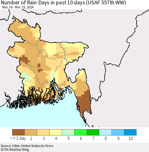 Bangladesh Number of Rain Days in past 10 days (USAF 557th WW) Thematic Map For 3/21/2024 - 3/25/2024