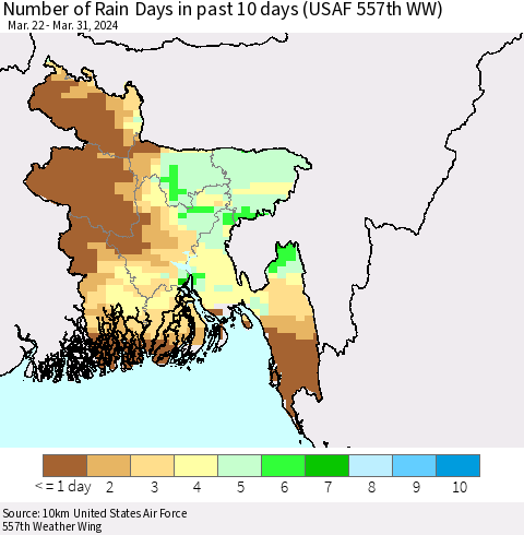 Bangladesh Number of Rain Days in past 10 days (USAF 557th WW) Thematic Map For 3/26/2024 - 3/31/2024