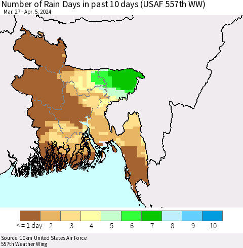 Bangladesh Number of Rain Days in past 10 days (USAF 557th WW) Thematic Map For 4/1/2024 - 4/5/2024