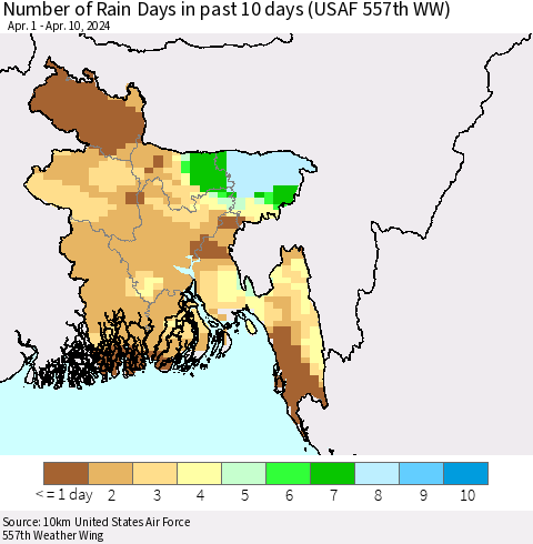 Bangladesh Number of Rain Days in past 10 days (USAF 557th WW) Thematic Map For 4/6/2024 - 4/10/2024