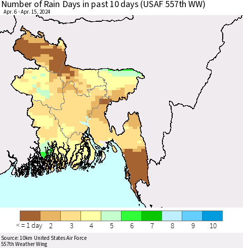 Bangladesh Number of Rain Days in past 10 days (USAF 557th WW) Thematic Map For 4/11/2024 - 4/15/2024