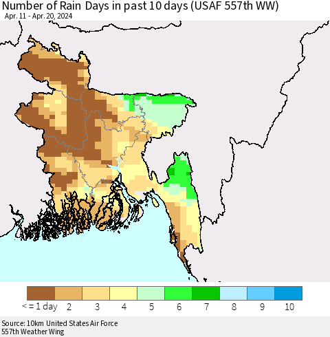 Bangladesh Number of Rain Days in past 10 days (USAF 557th WW) Thematic Map For 4/16/2024 - 4/20/2024