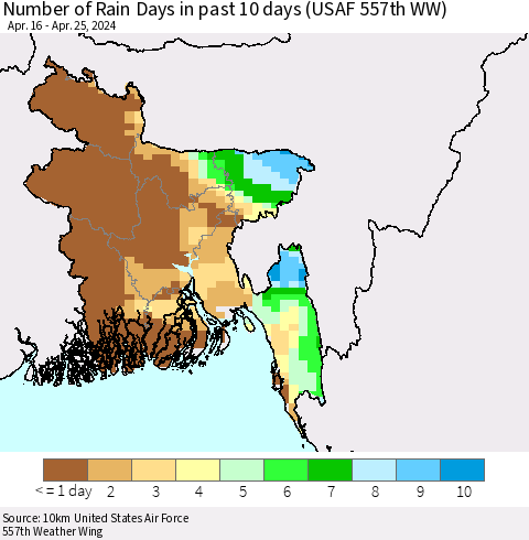 Bangladesh Number of Rain Days in past 10 days (USAF 557th WW) Thematic Map For 4/21/2024 - 4/25/2024