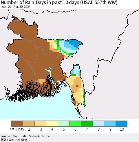 Bangladesh Number of Rain Days in past 10 days (USAF 557th WW) Thematic Map For 4/26/2024 - 4/30/2024
