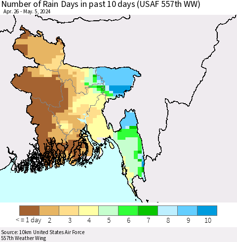 Bangladesh Number of Rain Days in past 10 days (USAF 557th WW) Thematic Map For 5/1/2024 - 5/5/2024