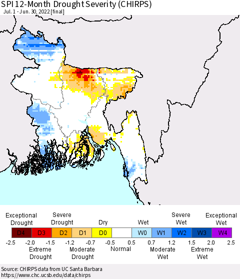 Bangladesh SPI 12-Month Drought Severity (CHIRPS) Thematic Map For 7/1/2021 - 6/30/2022