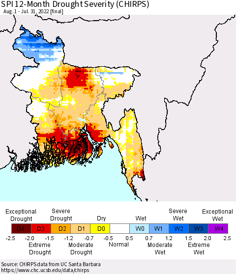 Bangladesh SPI 12-Month Drought Severity (CHIRPS) Thematic Map For 8/1/2021 - 7/31/2022