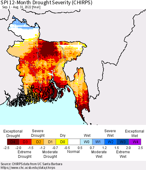 Bangladesh SPI 12-Month Drought Severity (CHIRPS) Thematic Map For 9/1/2021 - 8/31/2022
