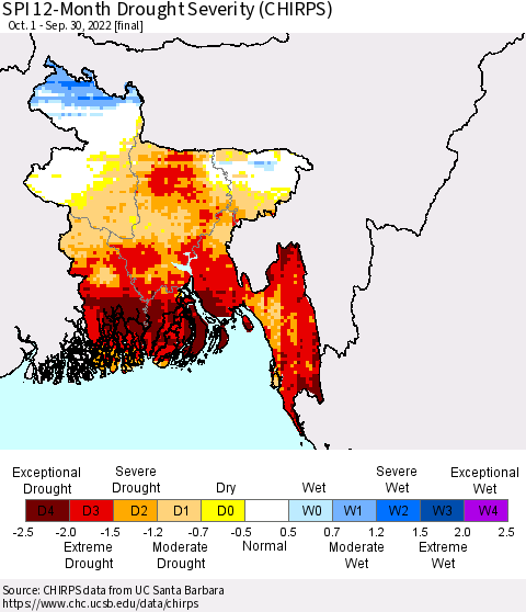Bangladesh SPI 12-Month Drought Severity (CHIRPS) Thematic Map For 10/1/2021 - 9/30/2022