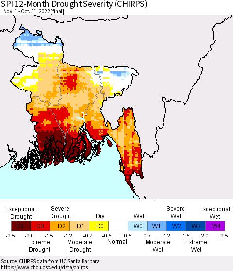 Bangladesh SPI 12-Month Drought Severity (CHIRPS) Thematic Map For 11/1/2021 - 10/31/2022