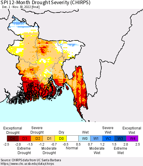 Bangladesh SPI 12-Month Drought Severity (CHIRPS) Thematic Map For 12/1/2021 - 11/30/2022
