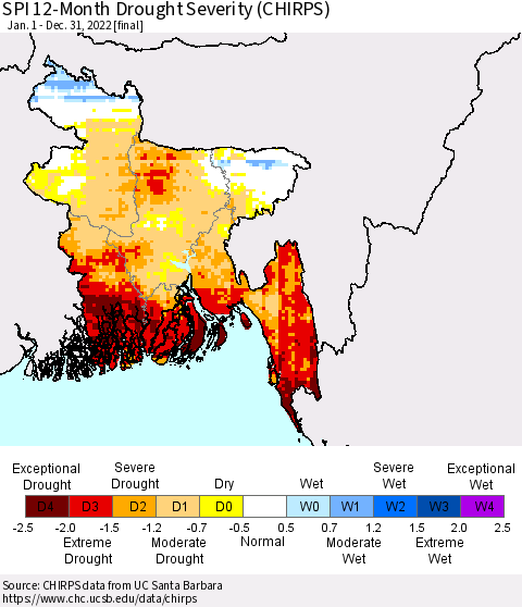 Bangladesh SPI 12-Month Drought Severity (CHIRPS) Thematic Map For 1/1/2022 - 12/31/2022