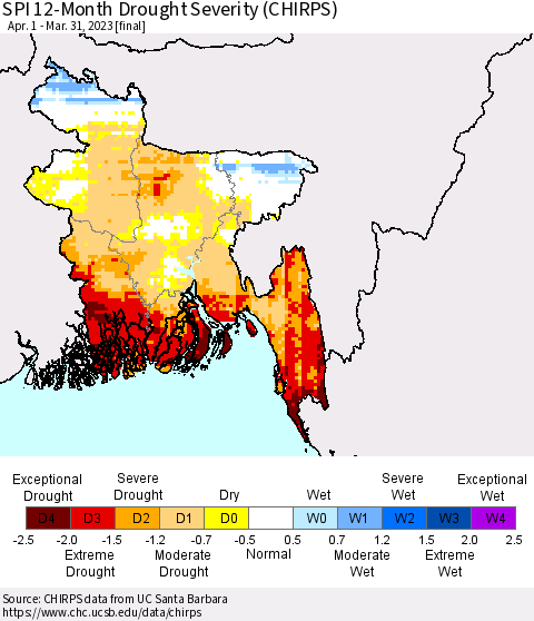 Bangladesh SPI 12-Month Drought Severity (CHIRPS) Thematic Map For 4/1/2022 - 3/31/2023