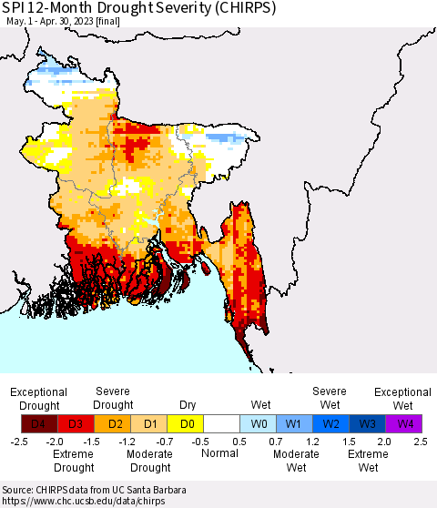 Bangladesh SPI 12-Month Drought Severity (CHIRPS) Thematic Map For 5/1/2022 - 4/30/2023