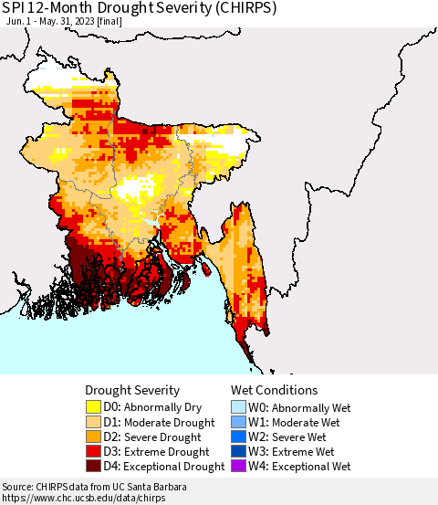 Bangladesh SPI 12-Month Drought Severity (CHIRPS) Thematic Map For 6/1/2022 - 5/31/2023