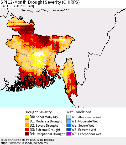 Bangladesh SPI 12-Month Drought Severity (CHIRPS) Thematic Map For 7/1/2022 - 6/30/2023