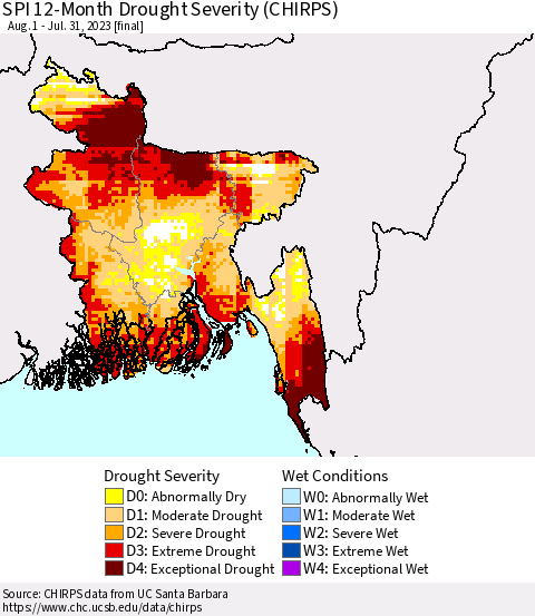 Bangladesh SPI 12-Month Drought Severity (CHIRPS) Thematic Map For 8/1/2022 - 7/31/2023