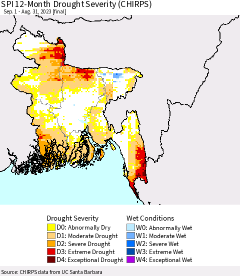 Bangladesh SPI 12-Month Drought Severity (CHIRPS) Thematic Map For 9/1/2022 - 8/31/2023