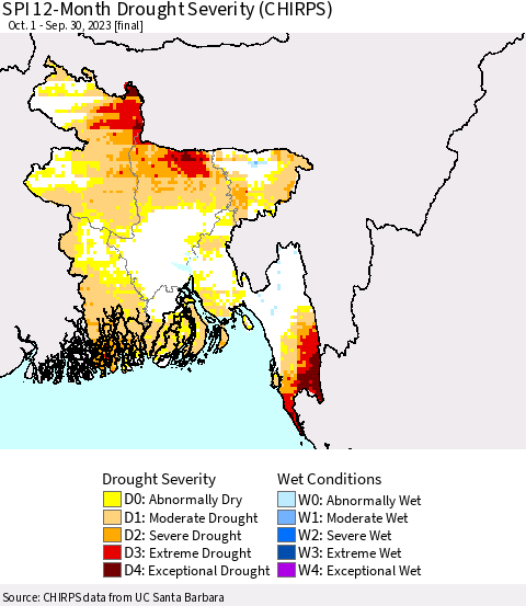 Bangladesh SPI 12-Month Drought Severity (CHIRPS) Thematic Map For 10/1/2022 - 9/30/2023