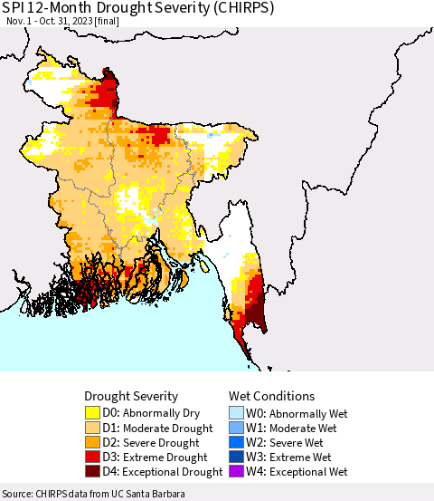 Bangladesh SPI 12-Month Drought Severity (CHIRPS) Thematic Map For 11/1/2022 - 10/31/2023