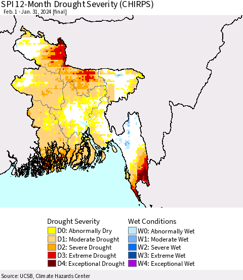 Bangladesh SPI 12-Month Drought Severity (CHIRPS) Thematic Map For 2/1/2023 - 1/31/2024