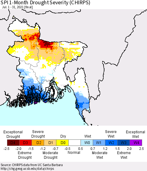 Bangladesh SPI 1-Month Drought Severity (CHIRPS) Thematic Map For 7/1/2021 - 7/31/2021