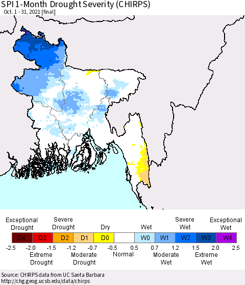 Bangladesh SPI 1-Month Drought Severity (CHIRPS) Thematic Map For 10/1/2021 - 10/31/2021