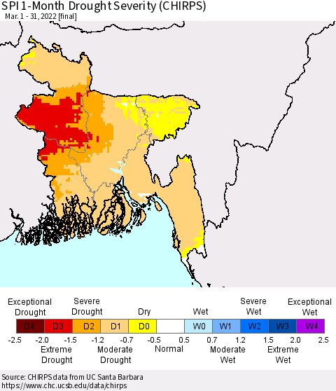 Bangladesh SPI 1-Month Drought Severity (CHIRPS) Thematic Map For 3/1/2022 - 3/31/2022