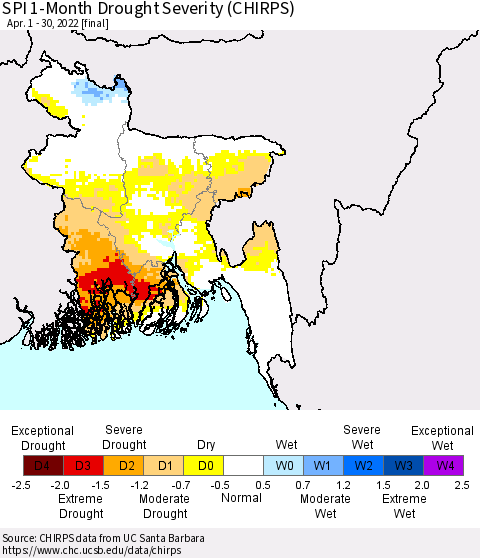 Bangladesh SPI 1-Month Drought Severity (CHIRPS) Thematic Map For 4/1/2022 - 4/30/2022