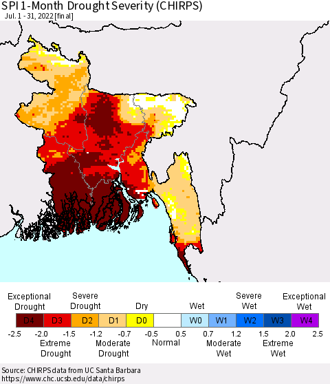 Bangladesh SPI 1-Month Drought Severity (CHIRPS) Thematic Map For 7/1/2022 - 7/31/2022