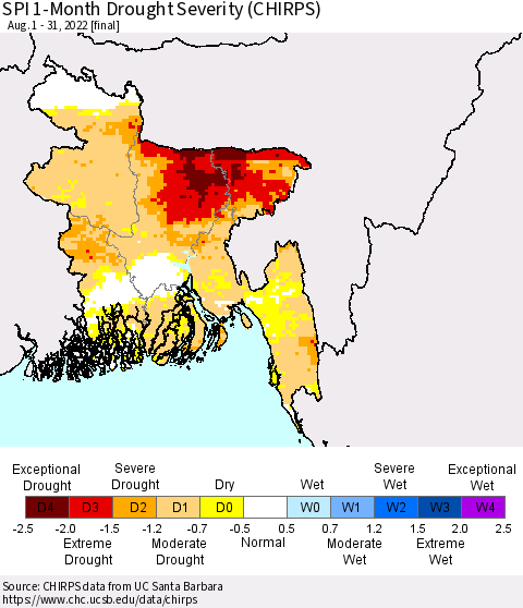 Bangladesh SPI 1-Month Drought Severity (CHIRPS) Thematic Map For 8/1/2022 - 8/31/2022