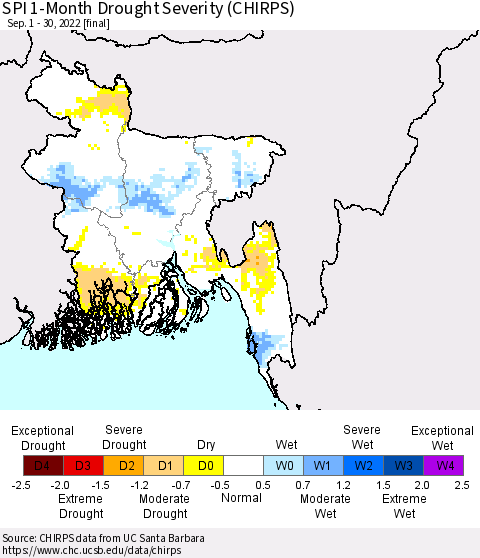 Bangladesh SPI 1-Month Drought Severity (CHIRPS) Thematic Map For 9/1/2022 - 9/30/2022
