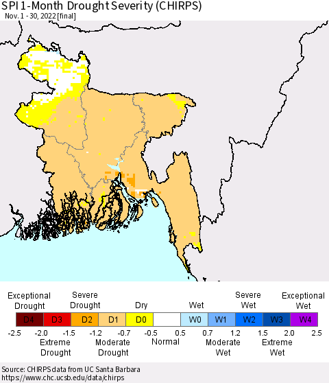 Bangladesh SPI 1-Month Drought Severity (CHIRPS) Thematic Map For 11/1/2022 - 11/30/2022