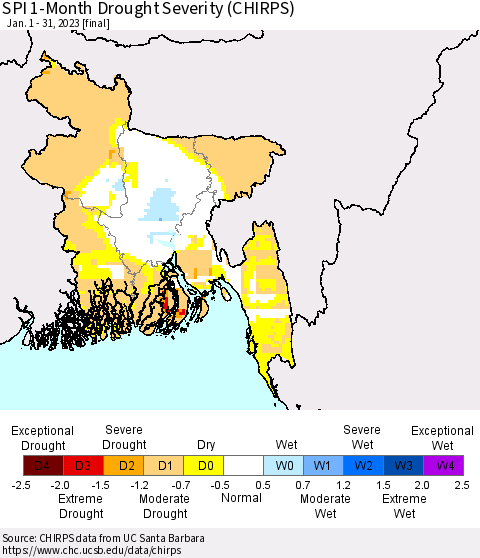 Bangladesh SPI 1-Month Drought Severity (CHIRPS) Thematic Map For 1/1/2023 - 1/31/2023