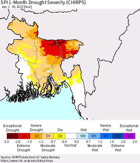 Bangladesh SPI 1-Month Drought Severity (CHIRPS) Thematic Map For 4/1/2023 - 4/30/2023