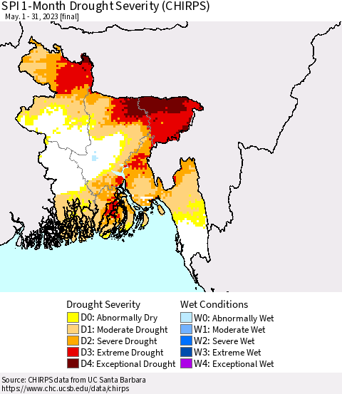 Bangladesh SPI 1-Month Drought Severity (CHIRPS) Thematic Map For 5/1/2023 - 5/31/2023