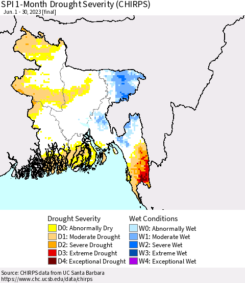 Bangladesh SPI 1-Month Drought Severity (CHIRPS) Thematic Map For 6/1/2023 - 6/30/2023