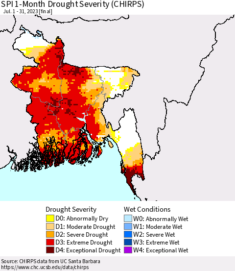 Bangladesh SPI 1-Month Drought Severity (CHIRPS) Thematic Map For 7/1/2023 - 7/31/2023