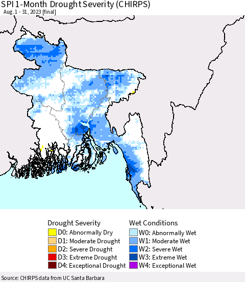 Bangladesh SPI 1-Month Drought Severity (CHIRPS) Thematic Map For 8/1/2023 - 8/31/2023