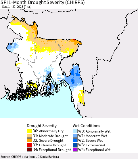 Bangladesh SPI 1-Month Drought Severity (CHIRPS) Thematic Map For 9/1/2023 - 9/30/2023