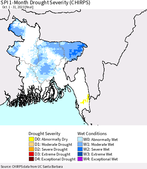 Bangladesh SPI 1-Month Drought Severity (CHIRPS) Thematic Map For 10/1/2023 - 10/31/2023