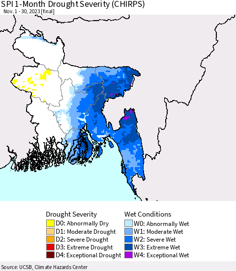 Bangladesh SPI 1-Month Drought Severity (CHIRPS) Thematic Map For 11/1/2023 - 11/30/2023