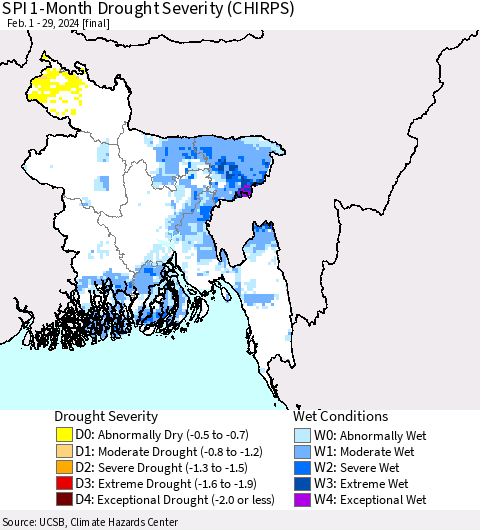 Bangladesh SPI 1-Month Drought Severity (CHIRPS) Thematic Map For 2/1/2024 - 2/29/2024