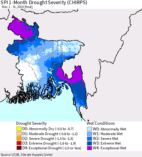Bangladesh SPI 1-Month Drought Severity (CHIRPS) Thematic Map For 3/1/2024 - 3/31/2024