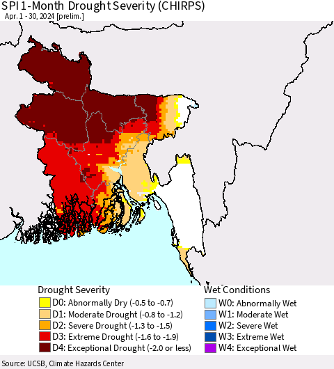 Bangladesh SPI 1-Month Drought Severity (CHIRPS) Thematic Map For 4/1/2024 - 4/30/2024