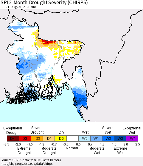 Bangladesh SPI 2-Month Drought Severity (CHIRPS) Thematic Map For 7/1/2021 - 8/31/2021